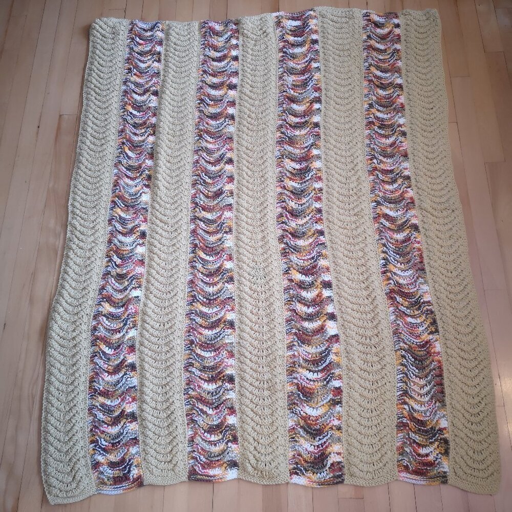 Handmade Crochet 56"x 43" Afghan in Ripple Pattern Tan & Multi + 14"x14" Pillow